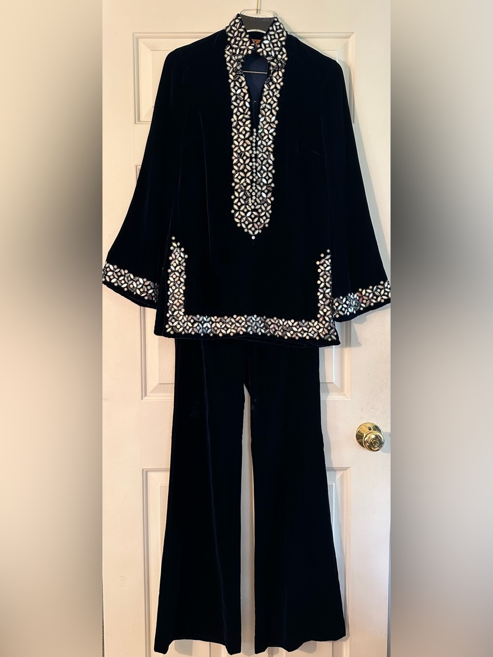 TORY BURCH 2 Vntg Hong Kong Y2K Navy Velvet Embellished Tunic Wide Leg Pants Set